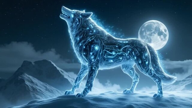 A wolf with shining blue fur standing on a snowy mountain. Smooth repeating motion for background video animation.