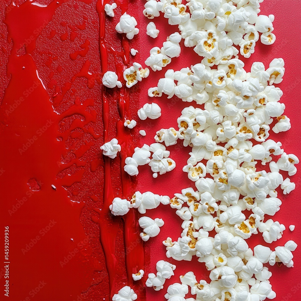 Poster Overhead view of popcorn arranged on red surface next to red liquid.