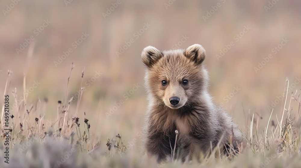 Poster adorable grizzly bear cub sitting in a field of dried grasses, gazing directly at the camera with cu