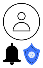 User profile icon inside a circle, black notification bell, and a blue security shield with checkmark. Ideal for user settings, security dashboard, privacy, notifications, UI design, authentication