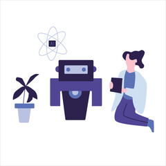 Robot, plant, person, AI symbol in a futuristic composition. Suitable for technology, artificial intelligence, robotics, and environmental themes. Ideal for presentations and marketing materials.