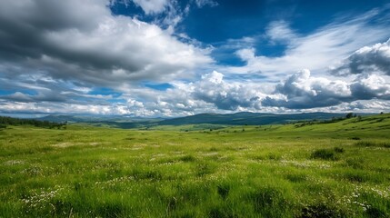 Obraz premium Serene landscape photo of a vast green meadow dotted with wildflowers, under a dramatic sky filled with fluffy white and dark grey clouds, rolling hills in the background. : Generative AI