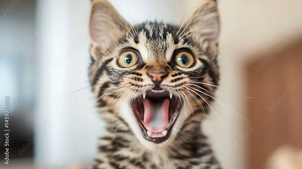 Poster close-up portrait of a playful tabby kitten with its mouth wide open, showing tiny teeth and pink to