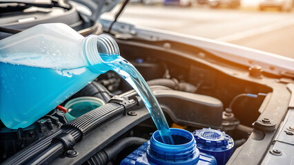 Refilling Windshield Washer Fluid in Car Engine Bay, Pouring antifreeze Filling a windshield washer tank with an antifreeze .	

