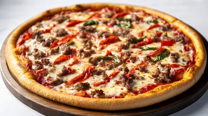 A delicious homemade Italian sausage and roasted red pepper pizza sits on a rustic wooden board ready to be served.