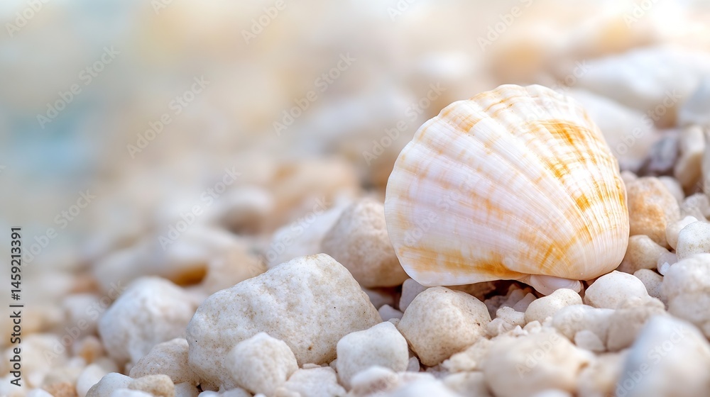 Poster close-up of a delicate seashell nestled amongst smooth, pale pebbles on a beach, showcasing its intr