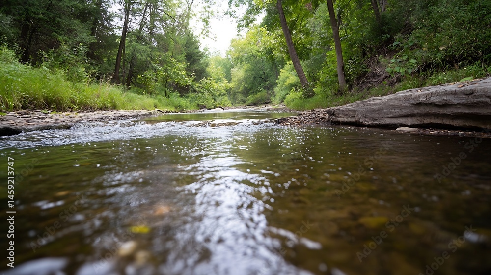 Aufkleber serene creek flows through lush green forest, sunlight dappling the water's surface, creating a tran