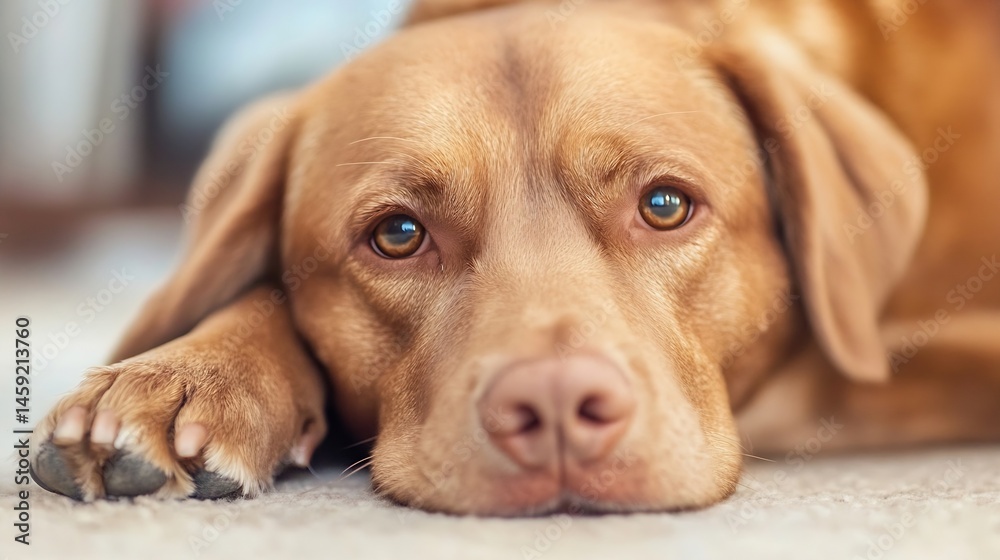 Poster close-up portrait of a relaxed fox-red labrador retriever dog resting its head on the floor, showing