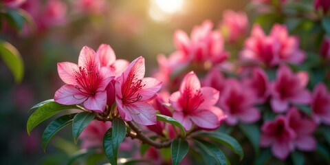 Obraz premium Pink flowers bloom in a closeup photo with sunlight creating a soft, warm glow around the petals