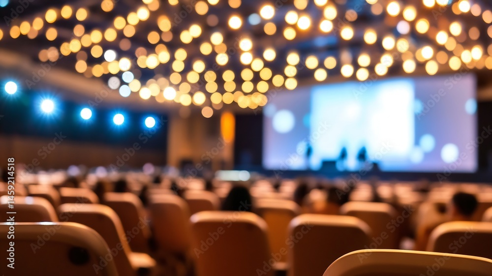 Aufkleber Blurred image of an auditorium with audience members seated, watching a presentation on a large screen, illuminated by warm overhead lights and cool stage lighting. : Generative AI