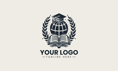 Fototapeta premium Vector logo of graduation cap on globe with laurel wreath and open book symbolizing academic knowledge