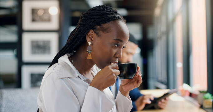 Black woman, business with coffee and drinking in cafe for break, morning caffeine and relax with warm beverage. Espresso, cappuccino or enjoy tea with corporate professional and calm with taste