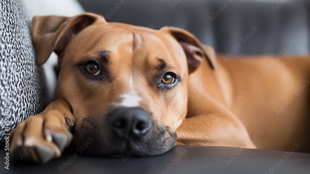 Poster a fawn-colored pit bull terrier rests its head on a dark gray couch, its paws folded neatly beneath 
