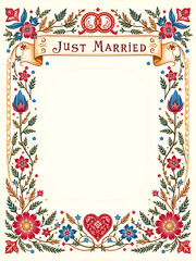 Eastern European Folk Wedding Card with Floral Patterns and 'Just Married'