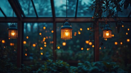 Glasshouse lanterns glow in a garden. Evening ambiance