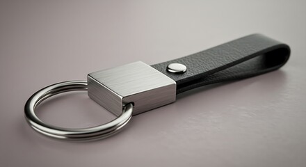 Minimalist geometric keychain made of metal and leather.