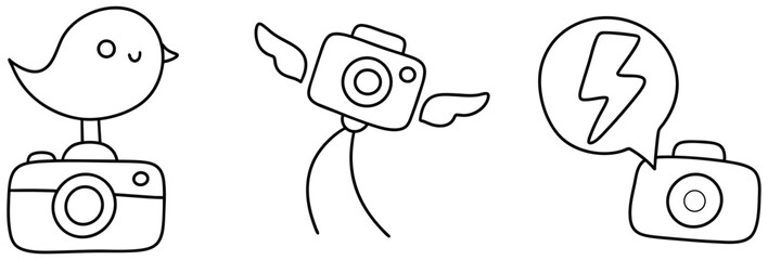 Whimsical camera illustrations capture joy of photography in playful snapshot style with charming designs