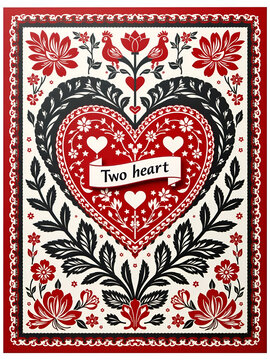 Polish Wycinanki Wedding Card with Paper Cutouts and 'Two Hearts One Love'