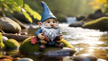 A gnome is sitting on a rock in a river. The gnome is holding a small object in his hand