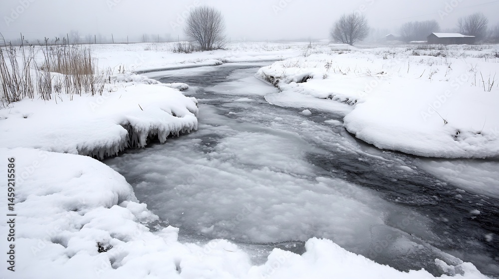Poster Serene winter landscape featuring a partially frozen stream winding through a snow-covered field, with bare trees and distant farm buildings under a foggy sky. : Generative AI