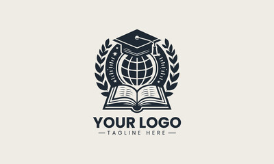 Fototapeta premium Educational vector logo with graduation cap on globe and laurel wreath above open book