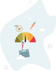 Woman and obese chart scales.Cartoon person on diet trying weight control with BMI. character life .