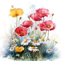 Fototapeta premium A vibrant watercolor illustration of blooming flowers in various colors and shapes.