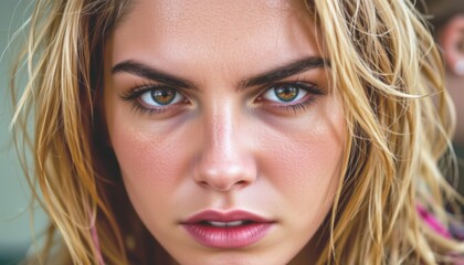 Naklejka premium Intense portrait of a woman with wet hair and striking eyes.