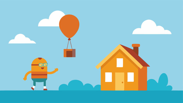 Playful Farewell An illustration capturing a charming scene where a traditional wooden house with shutters and a flower garden is being lifted by a gigantic striped balloon. The