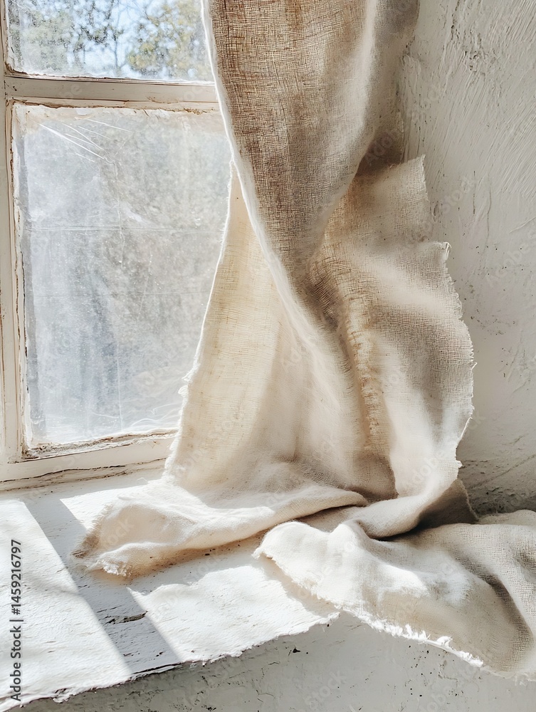Poster cream-colored linen fabric draped over a weathered white windowsill, bathed in sunlight streaming th