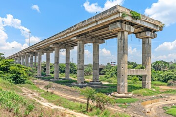 Fototapeta premium Abandoned elevated structure surrounded by greenery and blue sky.