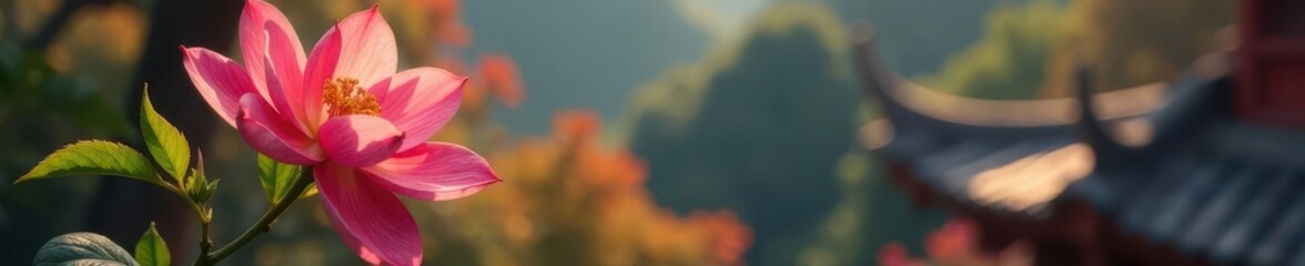 Fototapeta premium Drooping flower, faded petals, oriental roofline , architecture, background