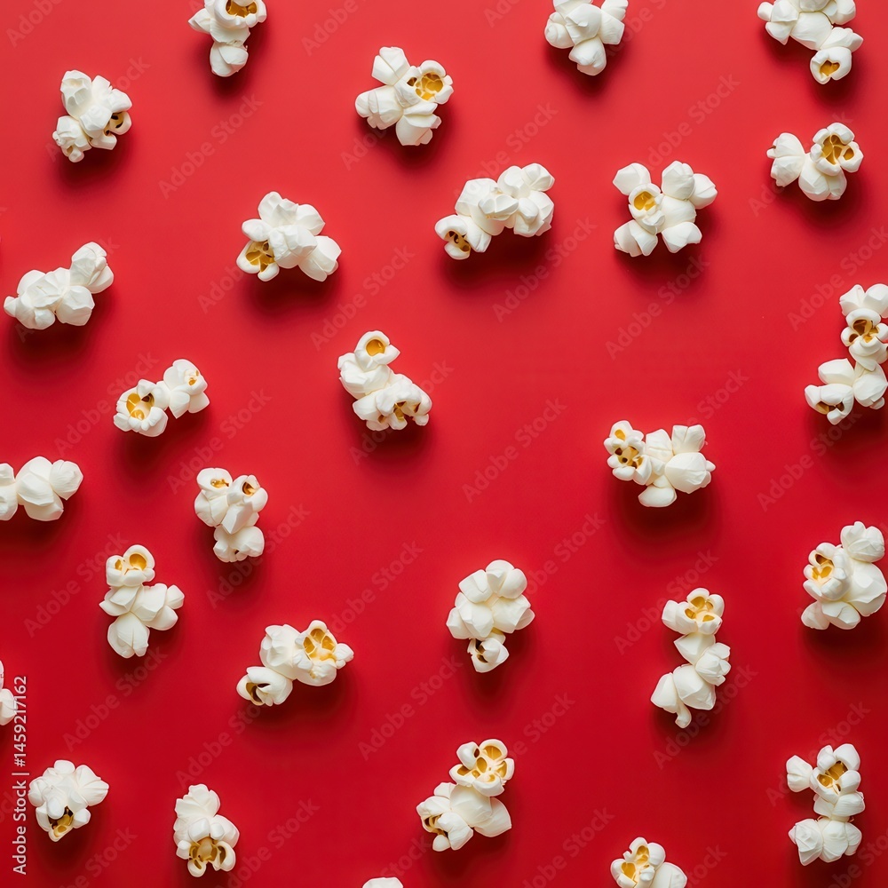 Poster aerial view of popcorn on a vibrant red background, creating a snack-filled pattern. perfect for mov
