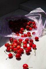 Juicy red cherries tumble out of a plastic bag, brightening up a sunlit kitchen space