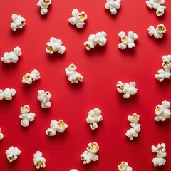 Aerial view of popcorn on a vibrant red background, creating a snack-filled pattern. Perfect for movie night or themed events.