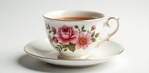 Fototapeta premium Elegant white teacup with painted floral design, isolated , still life, botanical, vintage