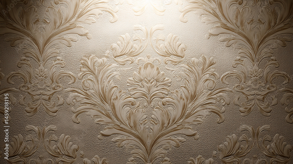 Poster beige textured wallpaper with embossed floral damask pattern, creating elegant and classic backdrop 