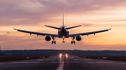 Airplane landing at sunset, rear view, showcasing the aircraft's silhouette against a vibrant, colorful sky. The runway lights guide the plane to a safe landing. : Generative AI