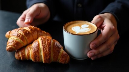 Hands holding latte beside croissants on black table from above