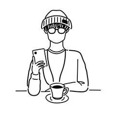 スマホを見る男性のイラスト（線画）