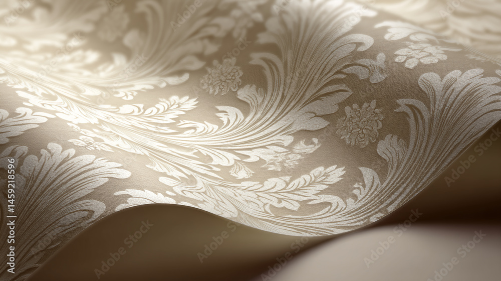 Poster beige wallpaper with embossed floral pattern, creating a textured, elegant surface, ideal for interi
