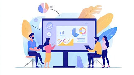 Teamwork analyzing business data on a large interactive screen display