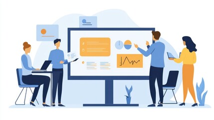 Team collaborating on data analysis during a business meeting presentation