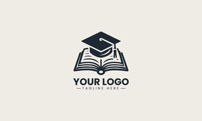 Graduation cap outline placed above open book with five stars in simple vector logo design