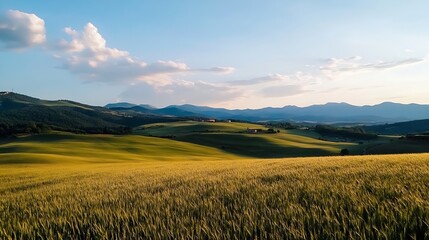 Obraz premium Serene Tuscan landscape at sunset, rolling hills of golden wheat fields under a partly cloudy sky, distant mountains in the background. : Generative AI