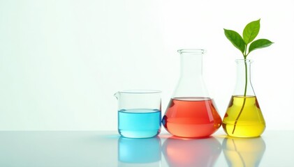 Glass beakers, vibrant green plant, sterile white background, life, scientific, science