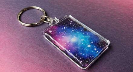 Clear acrylic keychain with a galaxy print inside.