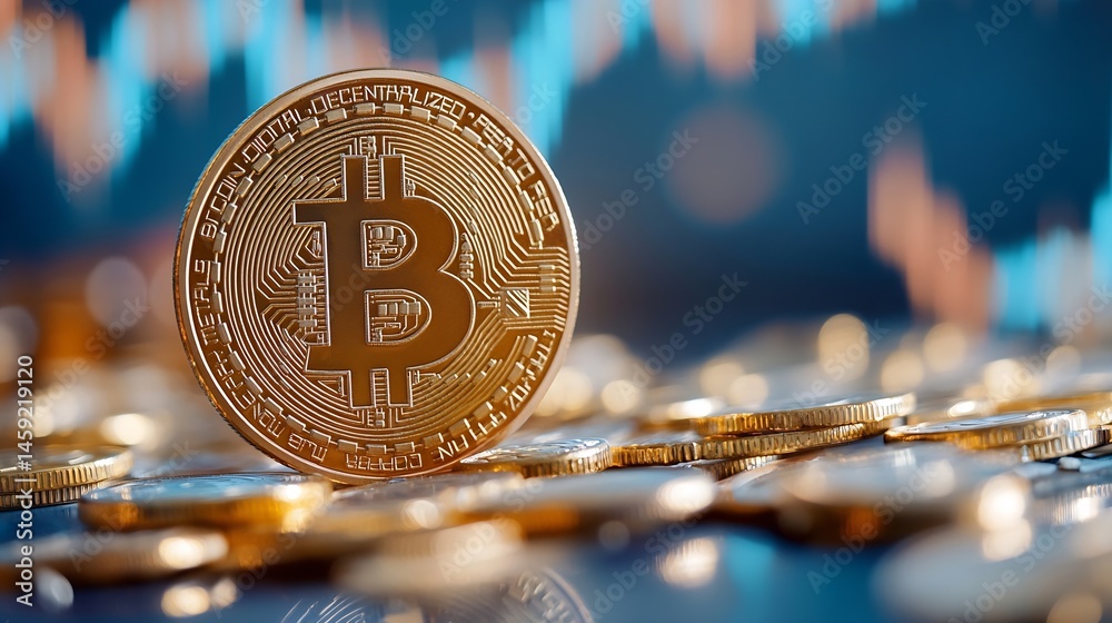 Poster close-up view of a single gold bitcoin cryptocurrency coin, prominently displayed against a blurred 