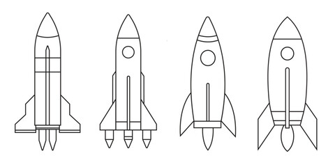 Outline Vector Set of Rocket Icons, Simple Line Art Spacecraft Designs for Science and Tech Projects