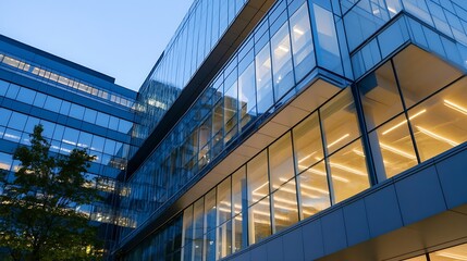 Obraz premium Modern glass office building exterior at dusk, showcasing illuminated interior spaces and reflecting city lights in its sleek facade. : Generative AI